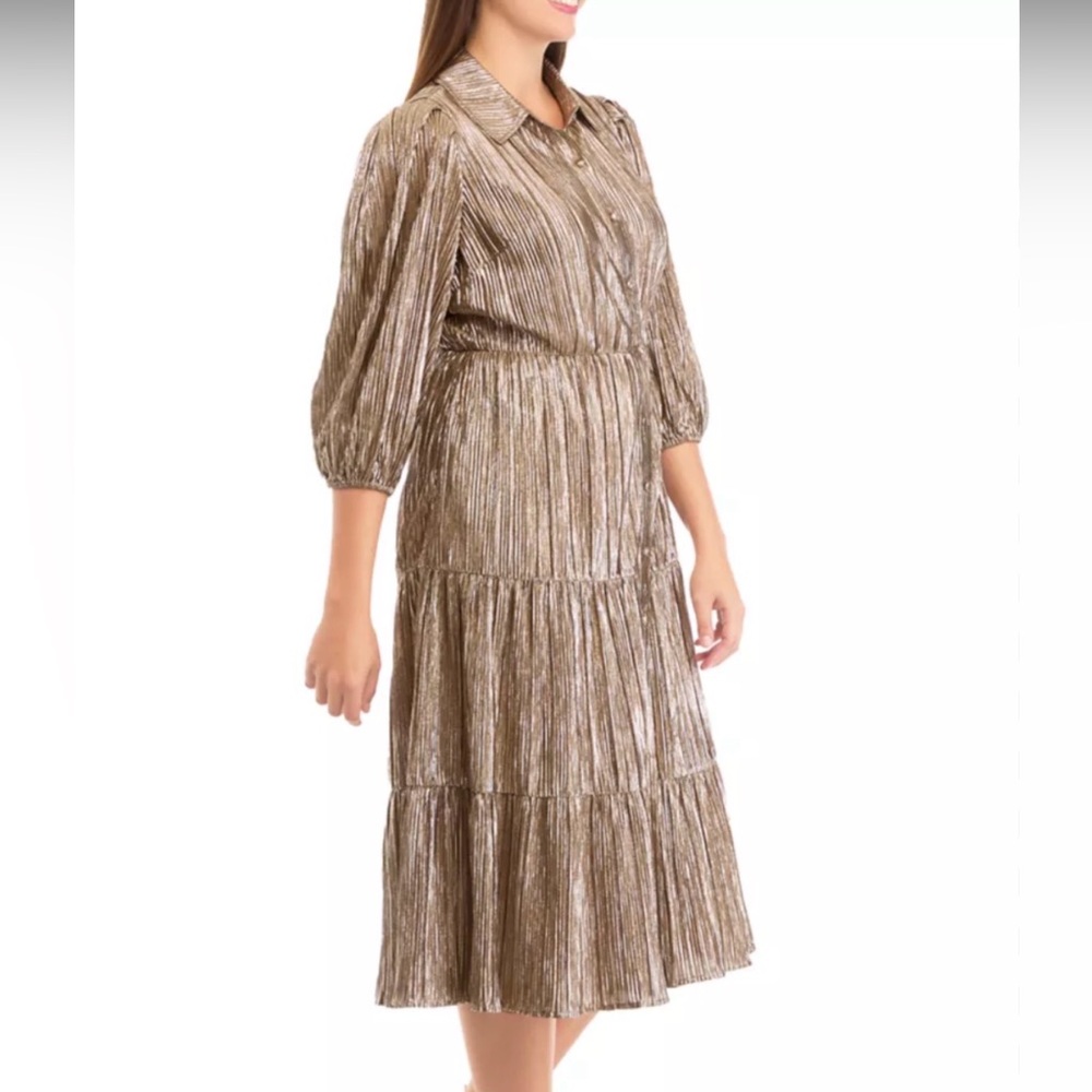 NWT Crown Ivy Metallic Gold Pleated Midi women’s party Dress with Collar large